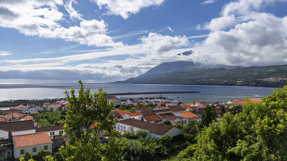 A coastal town with red-roofed houses, a marina, and a mountain in the background.