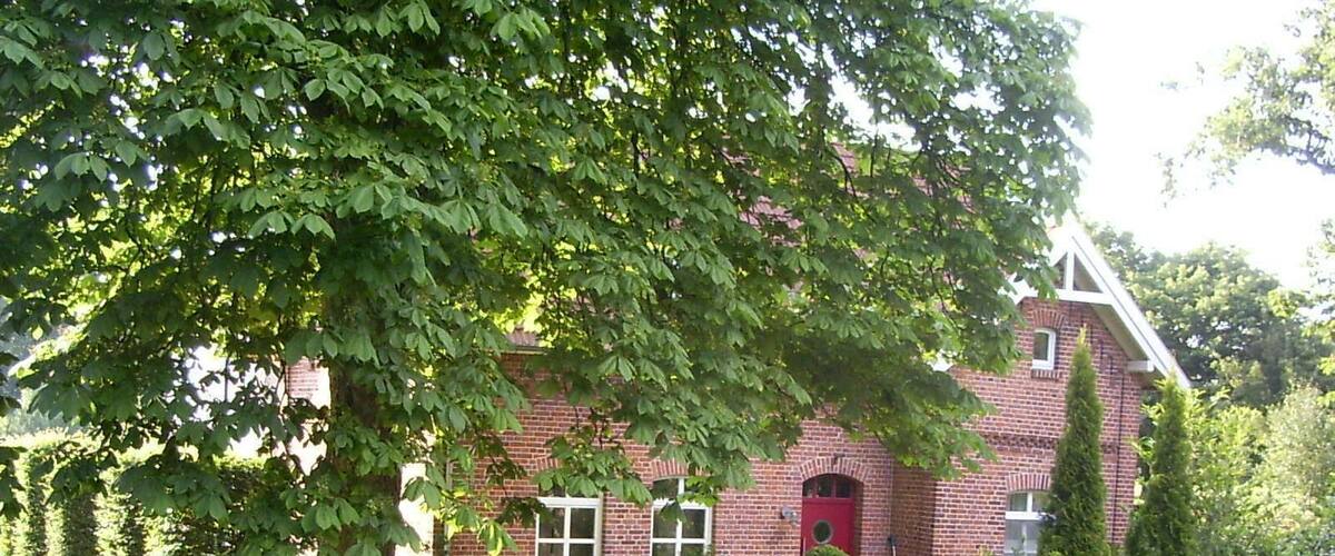 A red brick house with a white door, surrounded by lush greenery and a metal fence.
