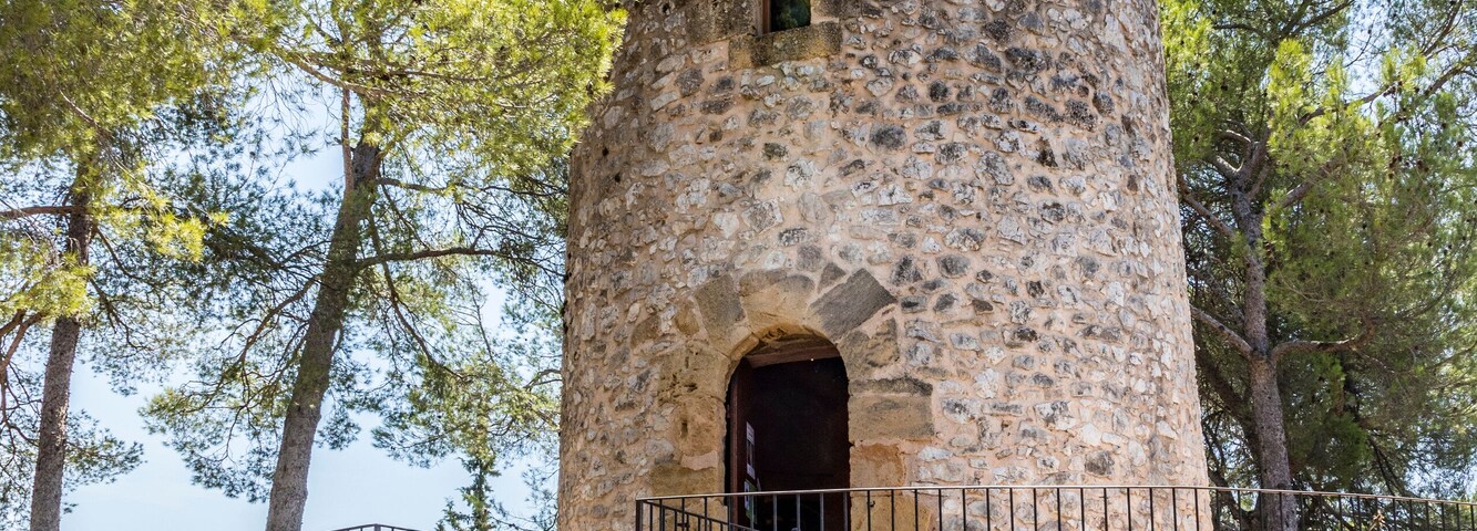 Una torre de piedra con techo cónico, rodeada de árboles y una barandilla metálica.