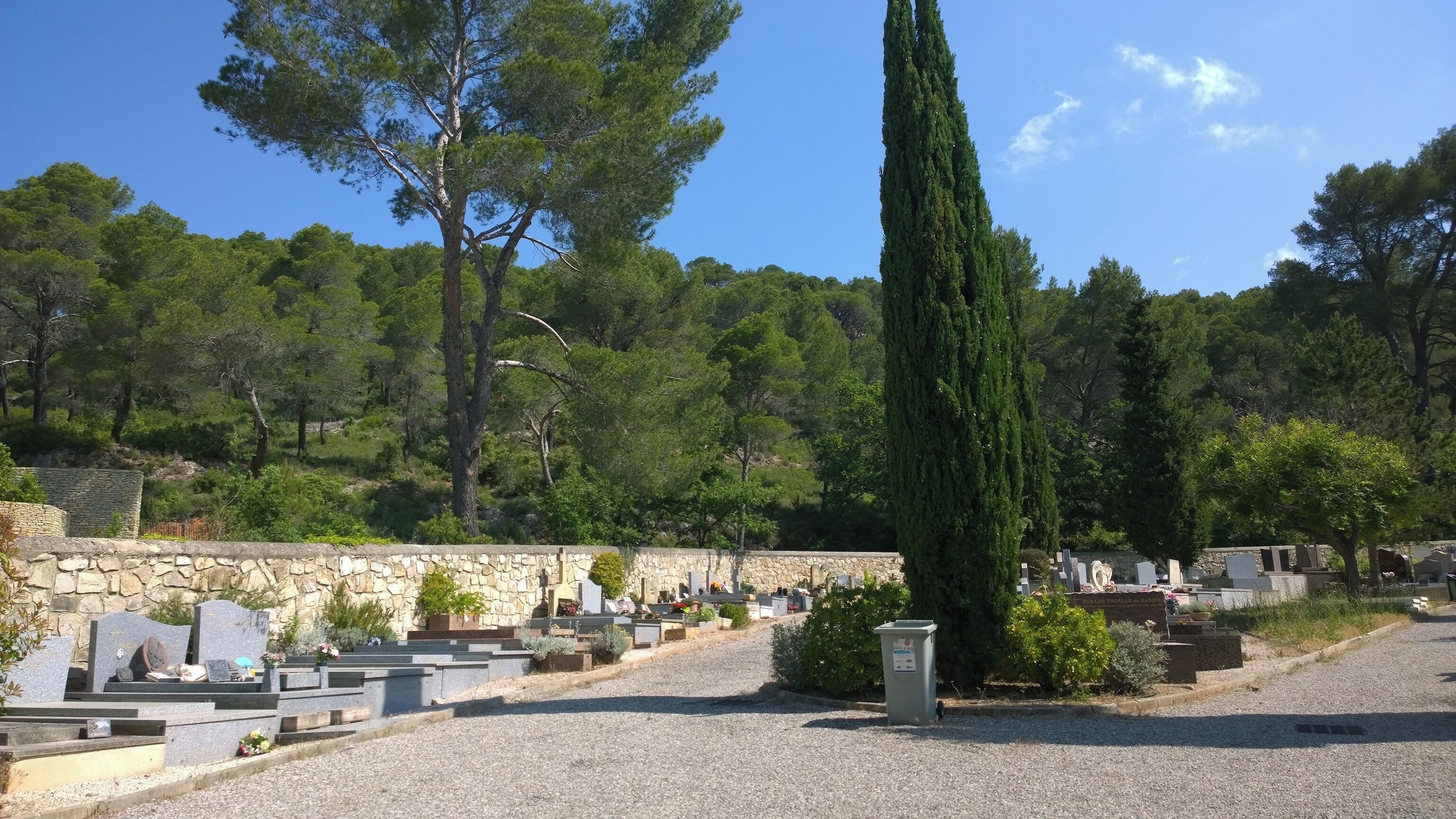 Un cementerio con lápidas de piedra y cipreses.
