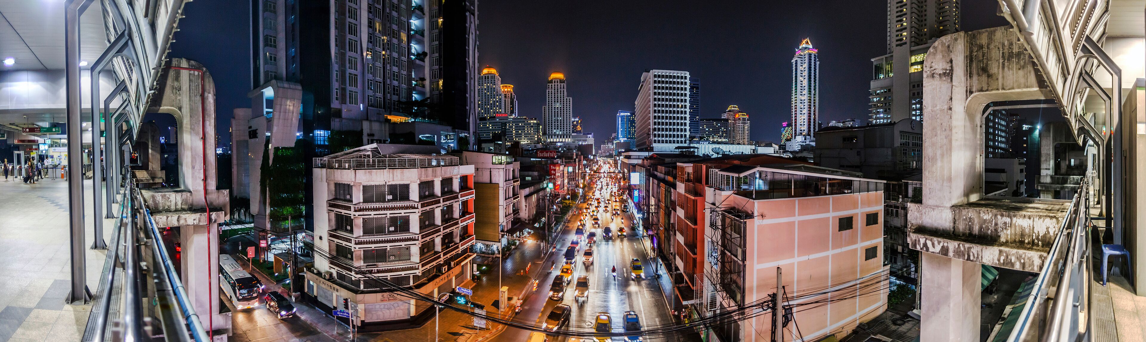 Bangkok, Thailand, April 5, 2019; Airport link Station at Ratchaprarop terminal, in the evening overlooking the city.