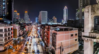 Bangkok, Thailand, April 5, 2019; Airport link Station at Ratchaprarop terminal, in the evening overlooking the city.