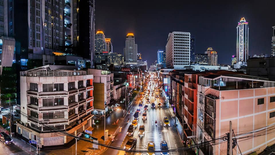 Bangkok, Thailand, April 5, 2019; Airport link Station at Ratchaprarop terminal, in the evening overlooking the city.