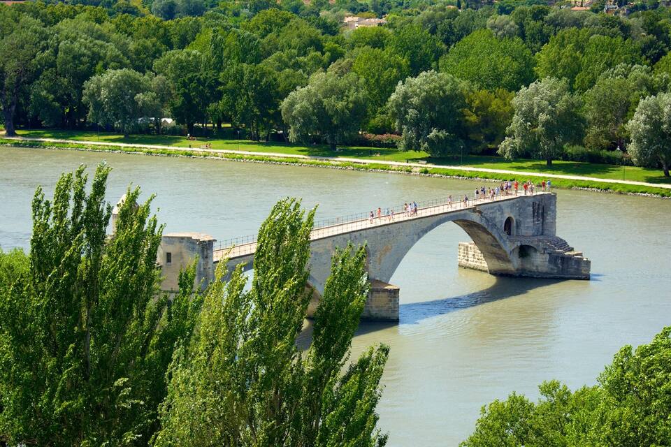 A stone bridge over a river with people walking on it, surrounded by lush greenery and trees.