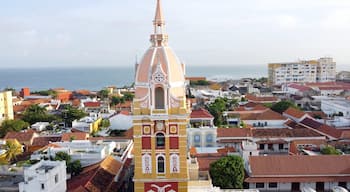 Colombia , Cartagena de Indias is a Unesco Heritage World - Drone aerial view of Downtown of historic colonial Spanish city with colored houses and church in Getsemani district