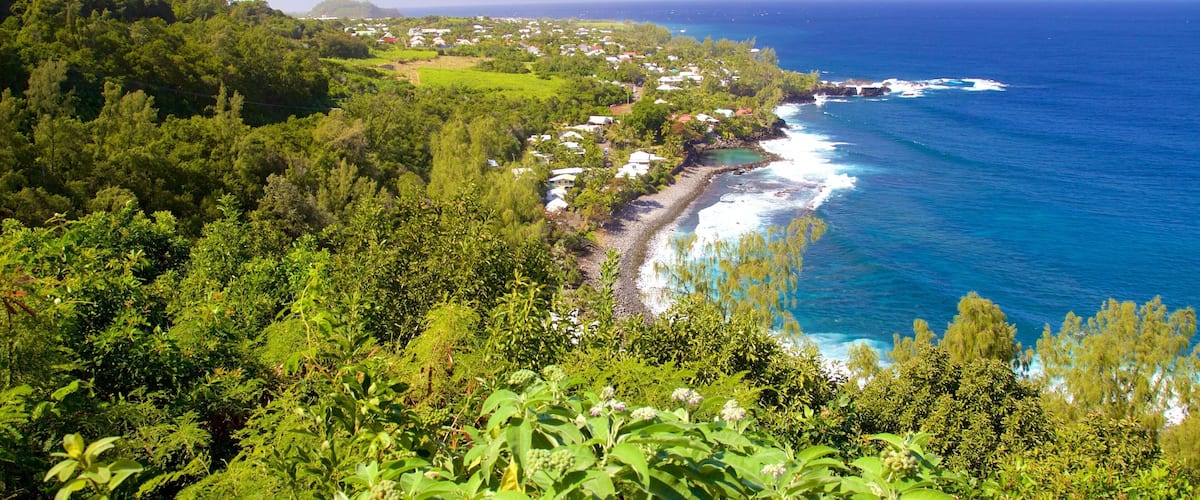 A coastal town with lush greenery, a clear blue sea, and rocky cliffs.