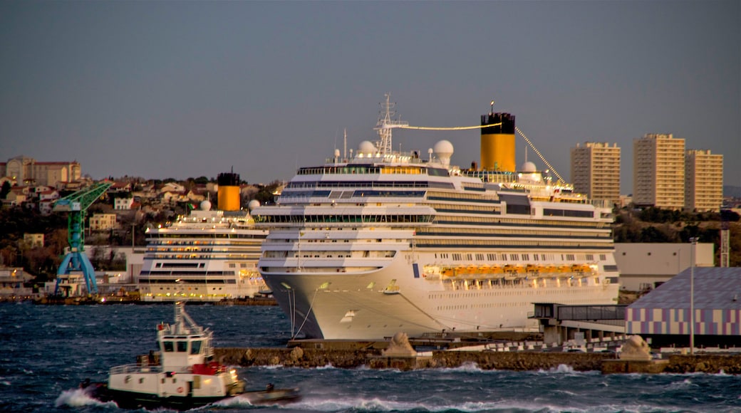 Huge modern Costa cruiseship or cruise ship liner in port of Marseille in France with cruise terminal and pier