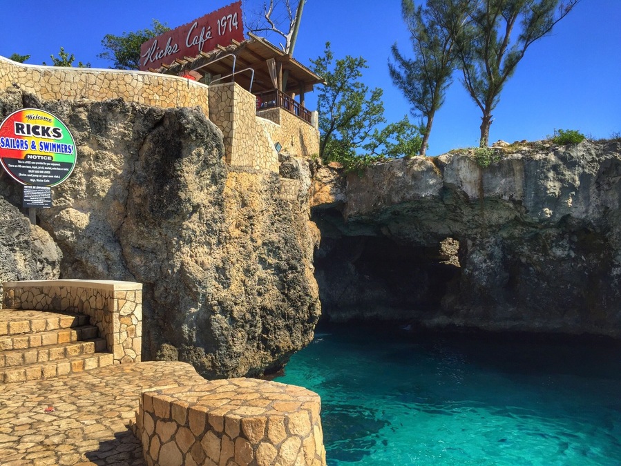 Une falaise rocheuse sur laquelle se trouve un café appelé « Ricks Café 1974 » et une enseigne indiquant « Ricks, pour les marins et les nageurs ».