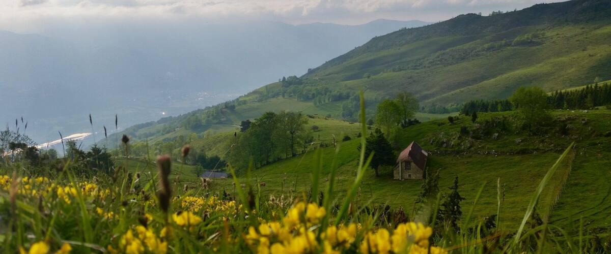 A rural landscape with rolling hills, a small stone house, and a distant view of a body of water.