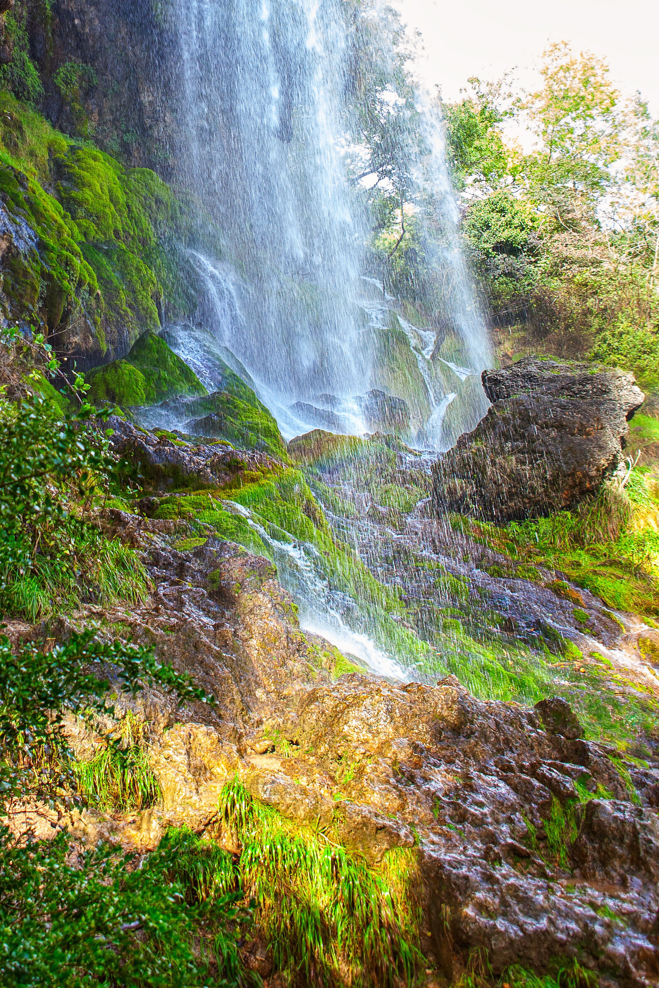 A waterfall cascading over moss-covered rocks in a lush, green forest.