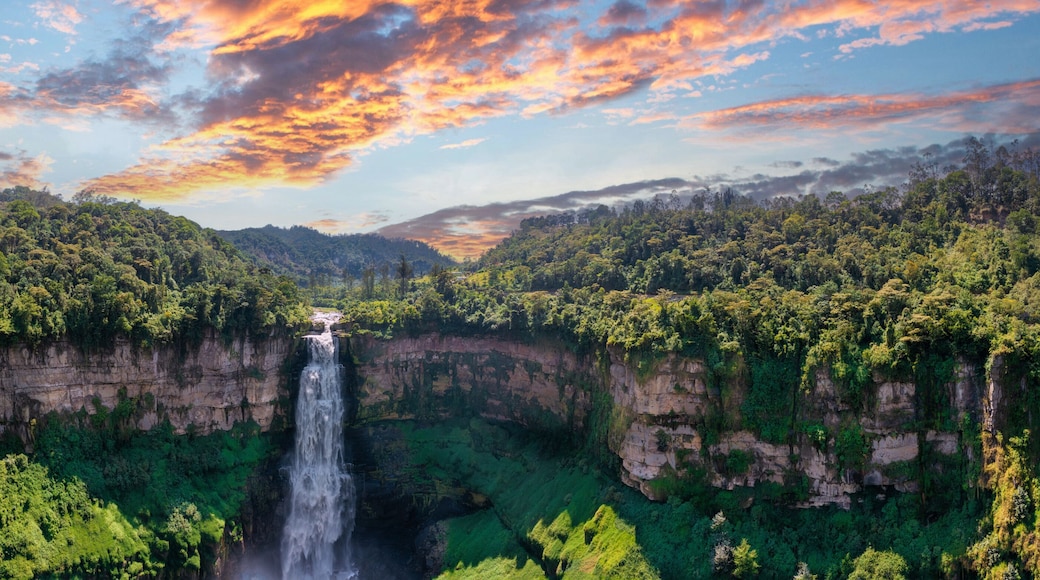 Aerial panoramic view of the El Salto de Tequendama, one of the most imposing waterfalls in Colombia amazing sunset