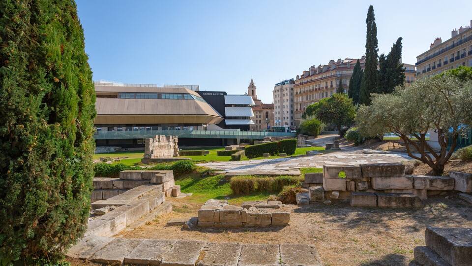 Ancient ruins, a modern building, and a tall tree.