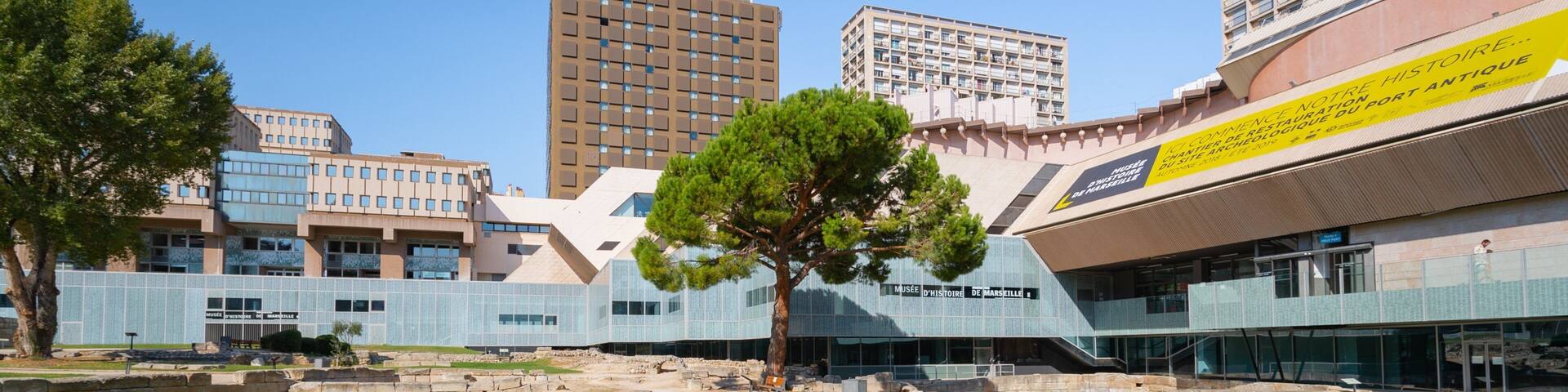 A modern building with a glass facade, a tree in the foreground, and a clear blue sky.