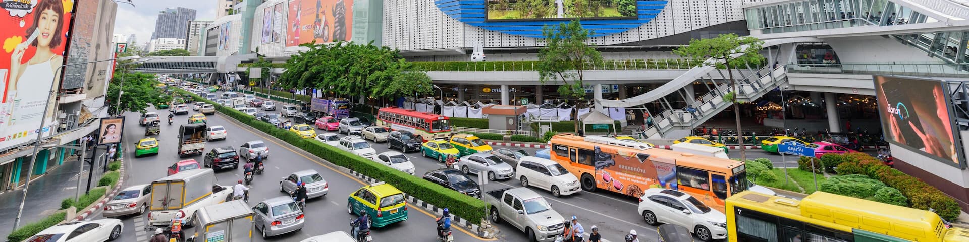 Bangkok , Thailand - 12 June, 2019 :a lot of traffic car at MBK shopping center in Bangkok