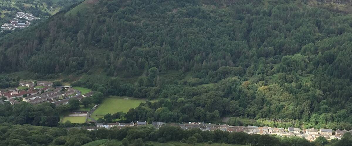 A valley with a town, dense forests, and wind turbines.