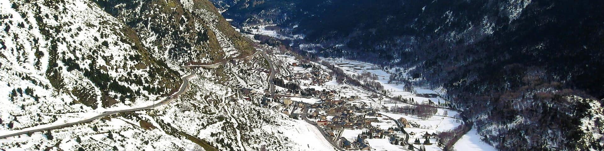 Valley in winter with a ski resort, Porte Puymorens, Pyrenees, France