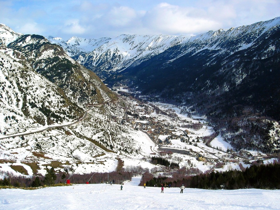 Valley in winter with a ski resort, Porte Puymorens, Pyrenees, France