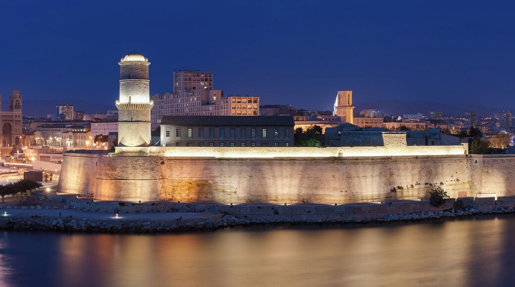 Old harbour of Marseille, at night, seen from the Pharo park. This picture is a mosaic of 4 landscape pictures taken at 59mm (35mm equiv.), f/8.0, 10 sec and ISO 100. Sitching was done with Hugin and Enblend.
