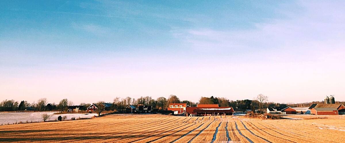 A rural landscape with fields, barns, and a clear sky.