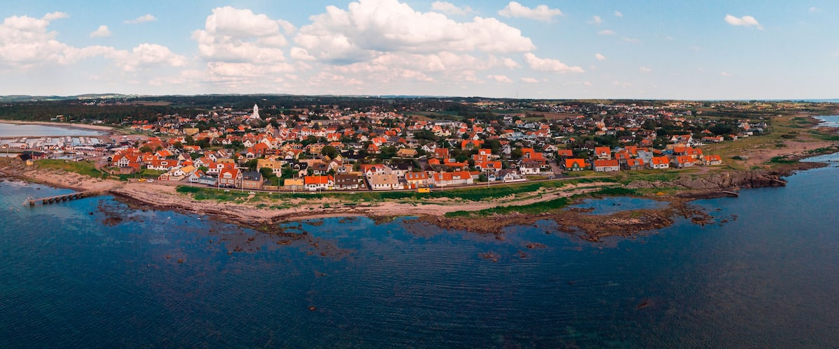 Aerial of Torekov town in southern Sweden during a warm summer afternon.