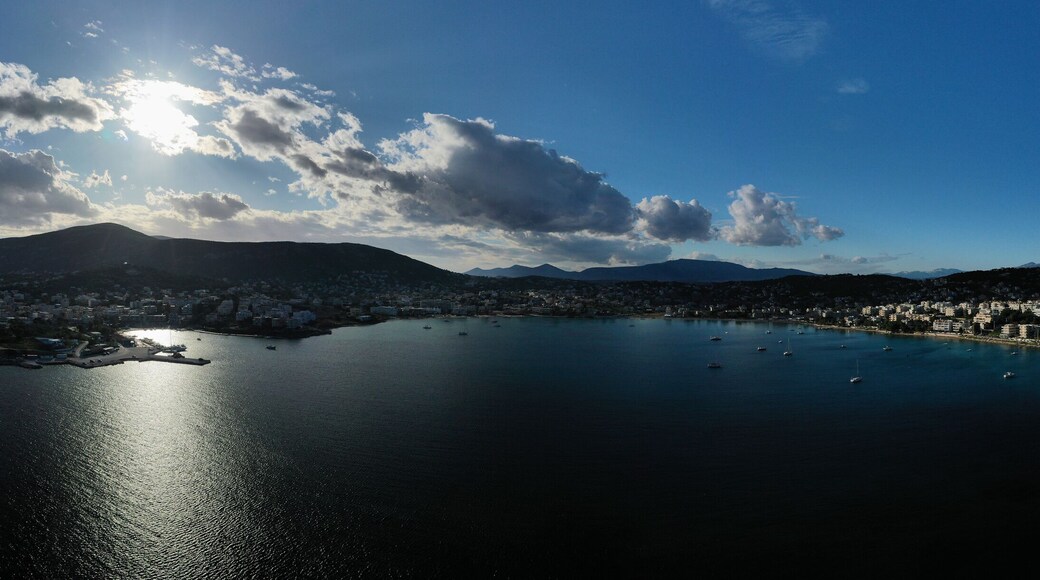 Aerial drone photo of beautiful seascape in bay of Porto Rafti, Mesogeia, Attica, Greece