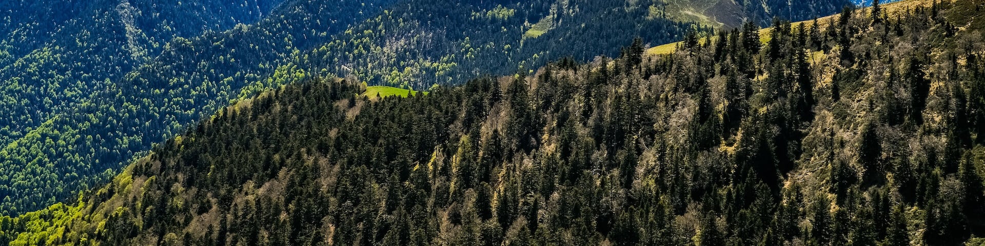 View on the snow covered Pyrenees mountains range from the summit of Tuc de l'étang in the south of France near Mourtis ski resort