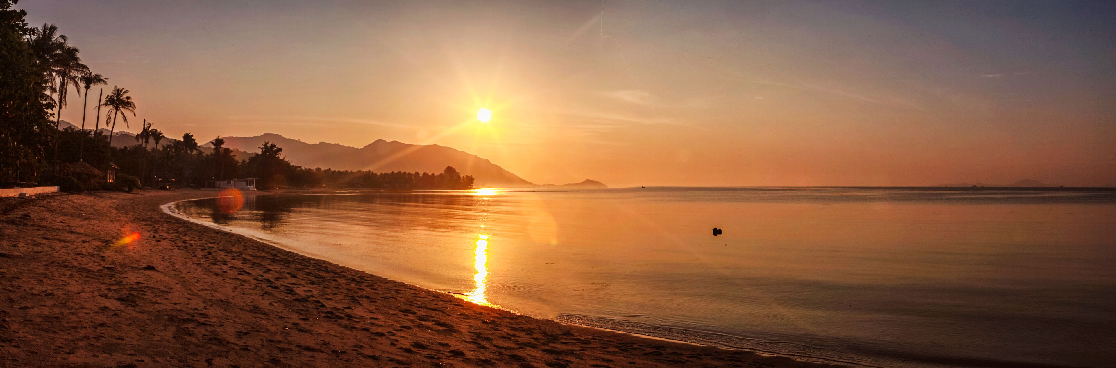 A beach at sunset with a clear sky, palm trees, and mountains in the background.