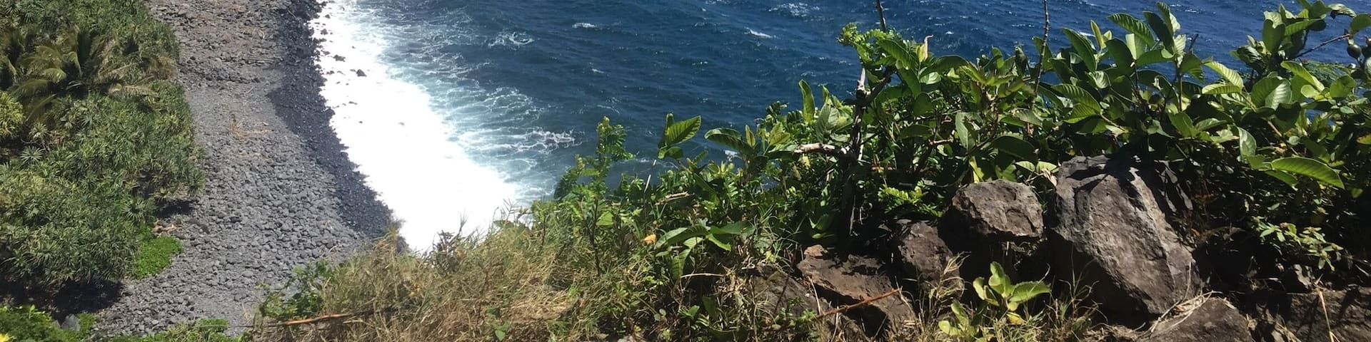 A coastal landscape with a rocky shoreline, a clear blue sea, and lush greenery.