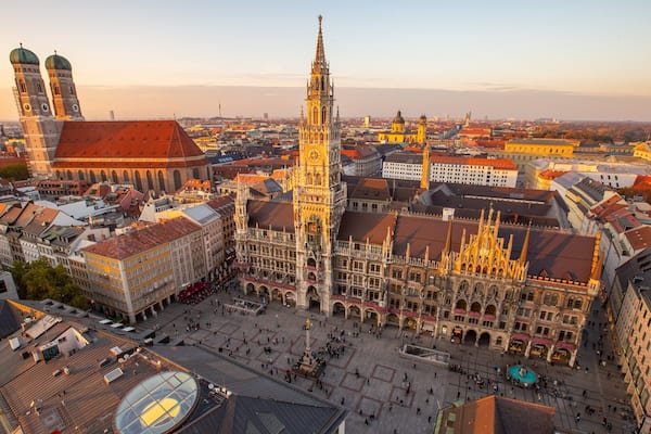 Town Hall of Marienplatz featuring a sunset, landscape views and a city
