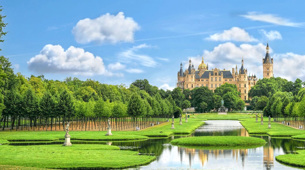 castle of schwerin in germany. Banner for travel goals and sights of city breaks. landmarks, travel guide Europe. Postcard Schwerin