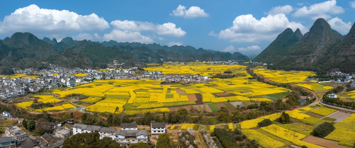 A town nestled in a valley with yellow fields, surrounded by mountains.