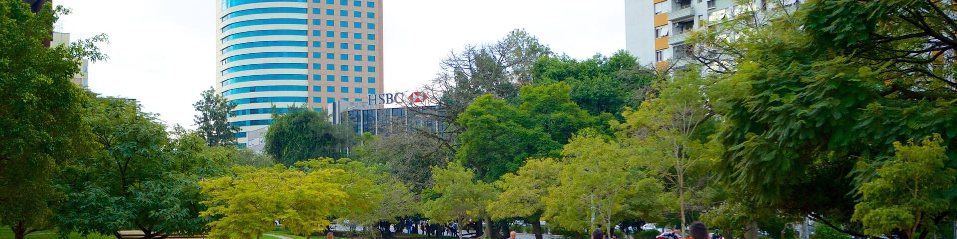 Un parque con árboles, un sendero de tierra y edificios al fondo.
