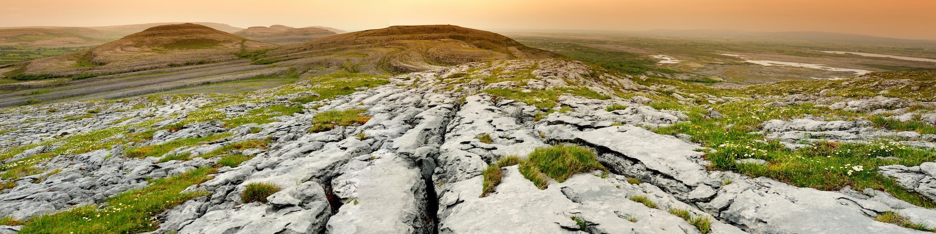 Spectacular landscape of the Burren region of County Clare, Ireland. Exposed karst limestone bedrock at the Burren National Park.