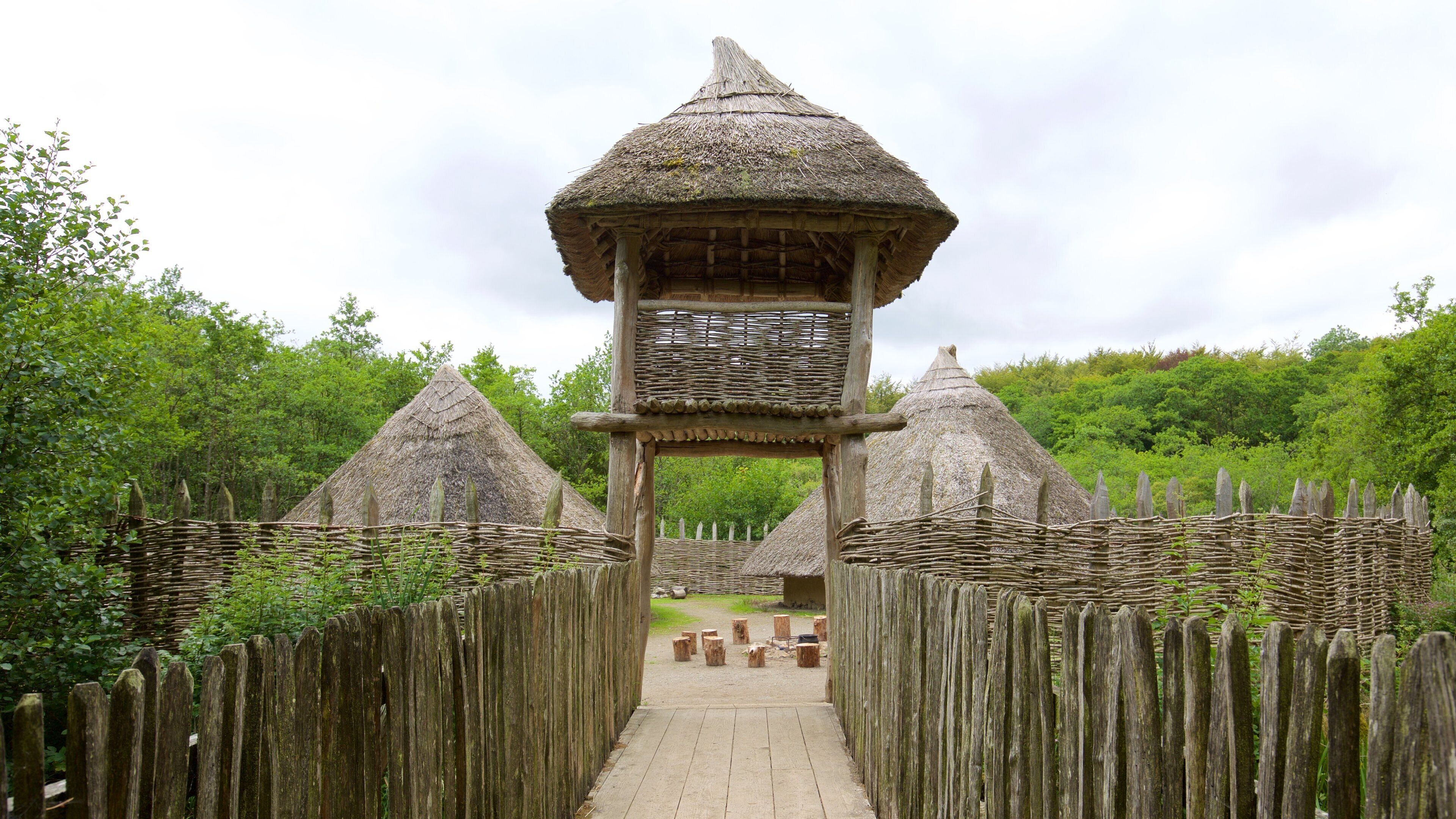 A traditional thatched-roof structure with a wooden walkway leading to it, surrounded by a wooden fence and lush greenery.