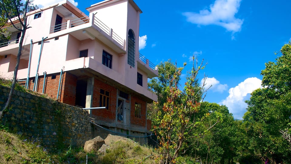 A pink two-story house with a stone wall and a tree in the foreground.