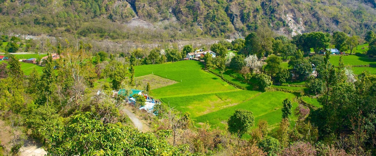 A rural landscape with terraced fields, scattered houses, and a mountainous backdrop.