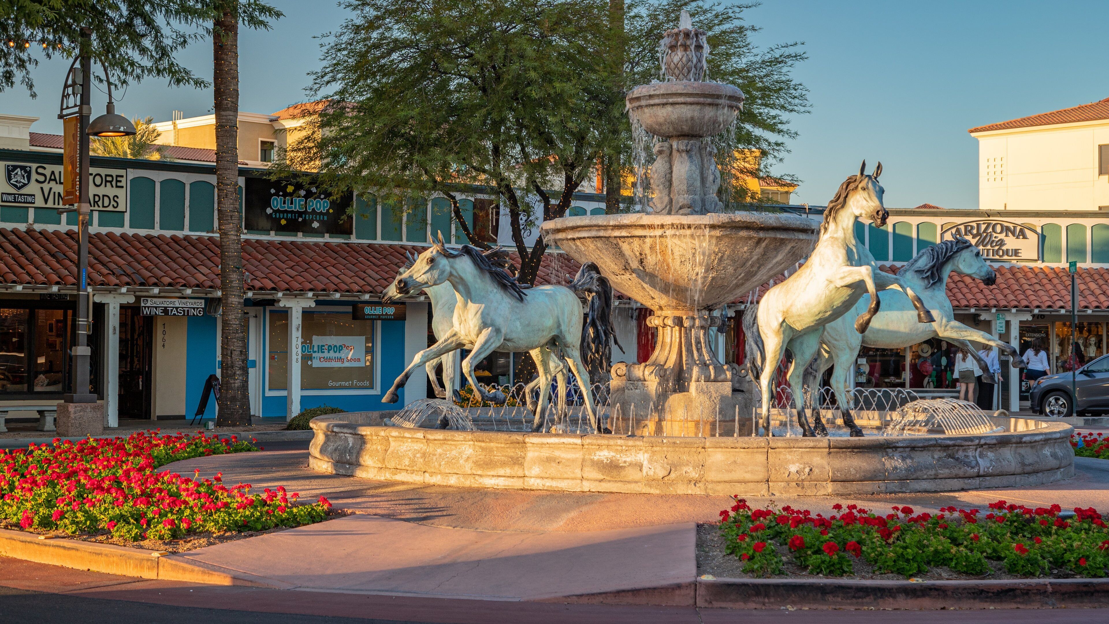 Old Town featuring outdoor art, a fountain and flowers