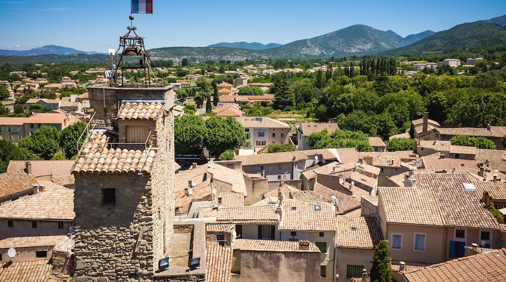 Panorama of french city with church tower and french flag