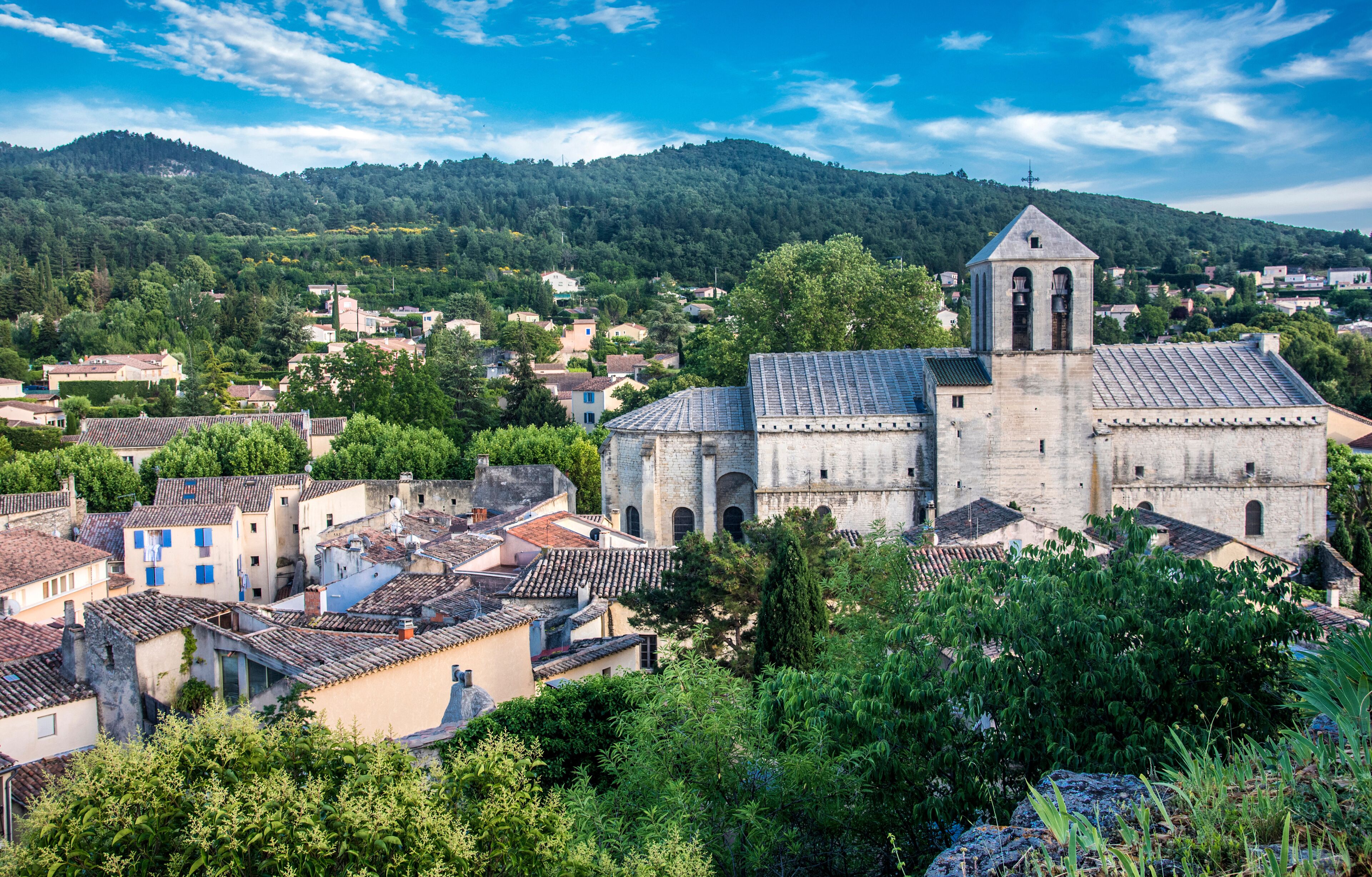 France, Vaucluse, plunging view on the roofs of Malaucene and its fortified church