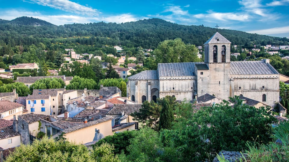 A historic church with a bell tower, surrounded by residential buildings and a forested hill in the background.