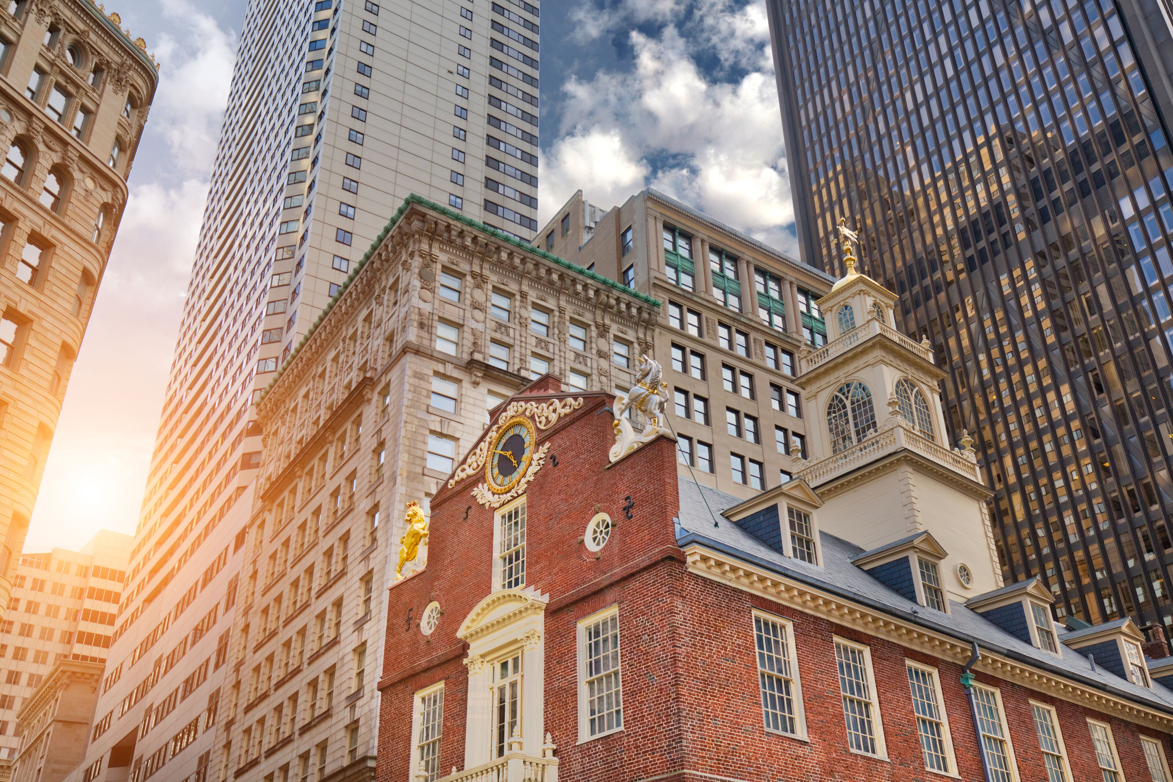 Boston downtown streets near Old State House at sunset
