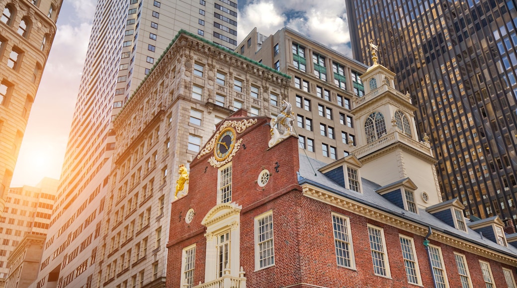 Boston downtown streets near Old State House at sunset