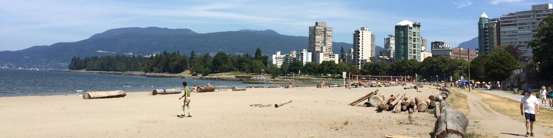 English bay with residential buildings at Vancouver West end in the background. Vancouver, British Columbia, Canada.