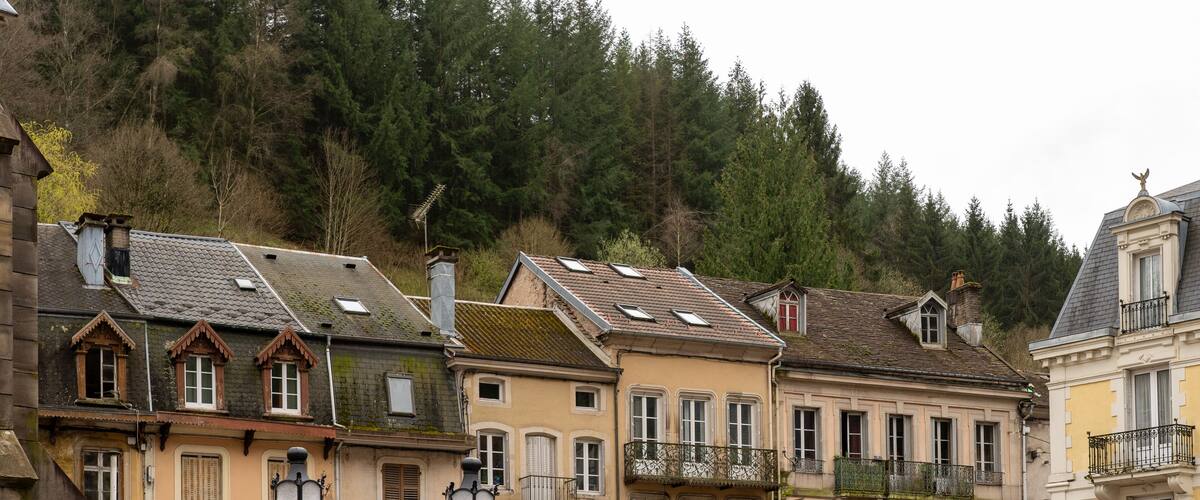 A row of historic buildings with balconies and a forested hillside in the background.