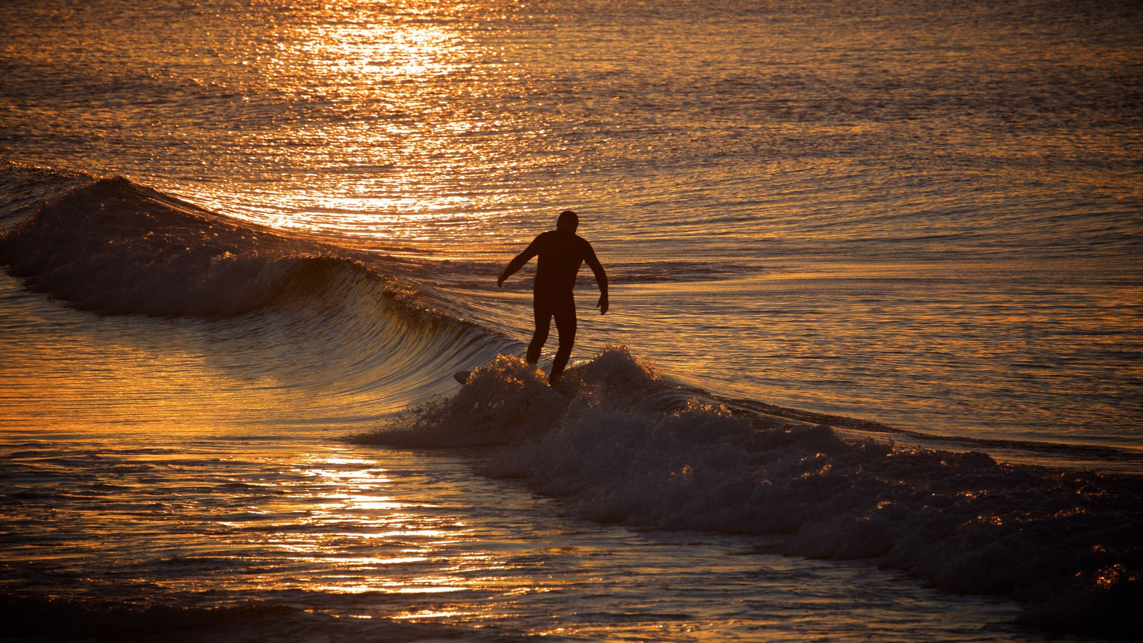 Coolangatta Beach bevat algemene kustgezichten, surfen en een zonsondergang