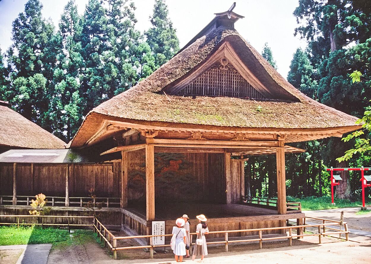 Nōgakuden (Noh Stage) of the Hakusan Shrine Place - Hakusan Shrine at Chūson-ji temple, Hiraizumi, Iwate prefecture, Japan. This was rebuilt in 1853. Designated as an important cultural property of Japan.