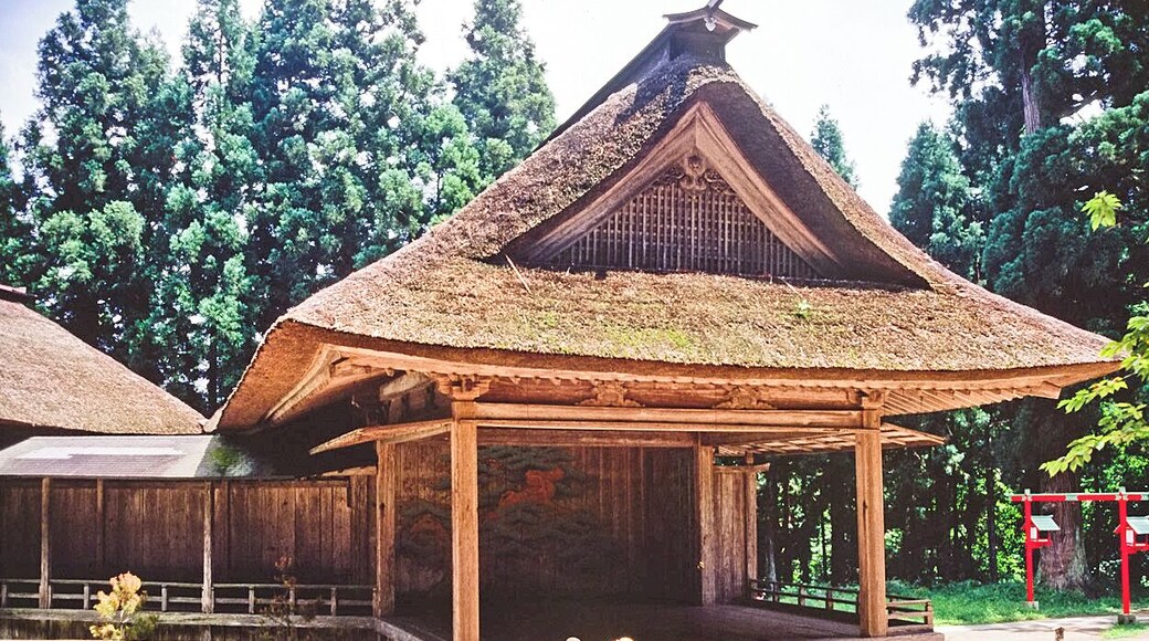 Nōgakuden (Noh Stage) of the Hakusan Shrine Place - Hakusan Shrine at Chūson-ji temple, Hiraizumi, Iwate prefecture, Japan. This was rebuilt in 1853. Designated as an important cultural property of Japan.