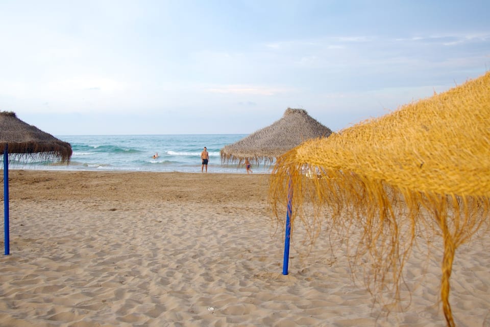 A beach with thatched umbrellas and calm waves.