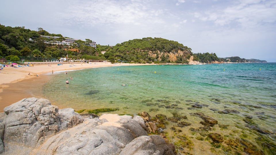 A beach with clear turquoise water, rocky shoreline, and buildings on a hillside.