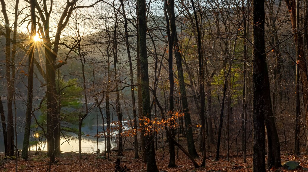 Sunset over the Sugar Hollow Reservoir in winter. Reservoir is source of water for Charlottesville, Virginia.